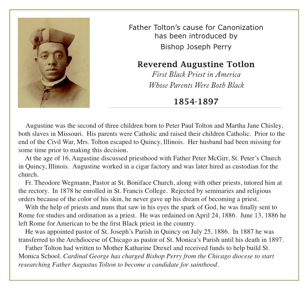 Reverend Augustine Totlon First Black Priest in America Whose Parents Were Both Black 1854-1897