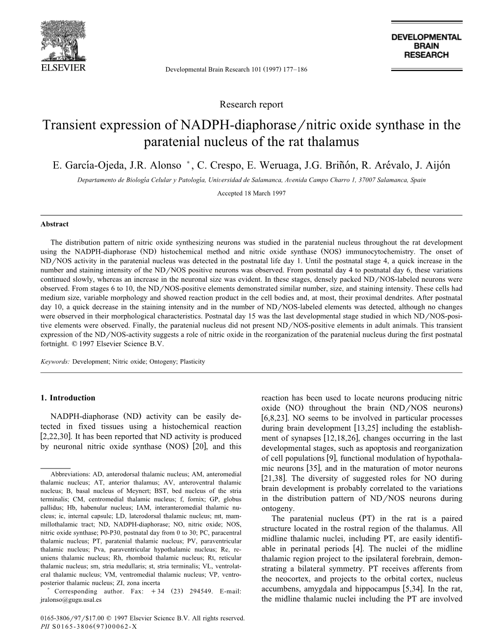 Transient Expression of NADPH-Diaphorasernitric Oxide Synthase in the Paratenial Nucleus of the Rat Thalamus E