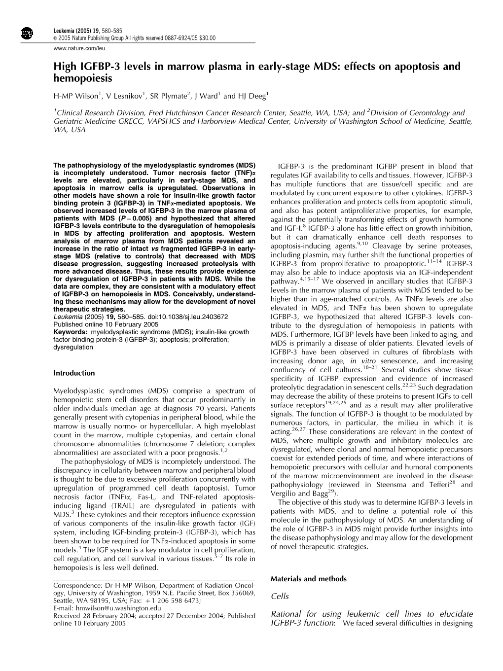 High IGFBP-3 Levels in Marrow Plasma in Early-Stage MDS: Effects on Apoptosis and Hemopoiesis