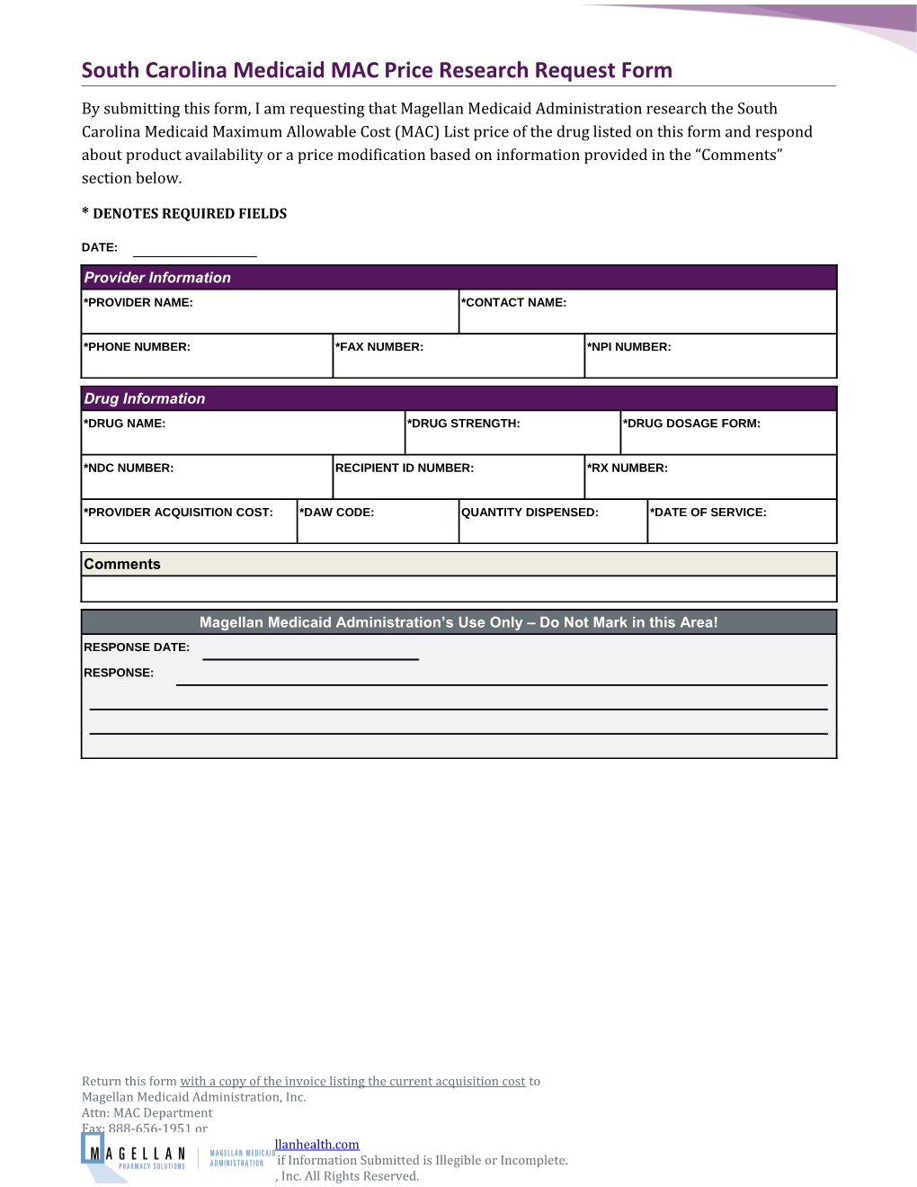 South Carolina Medicaid MAC Price Research Request Form