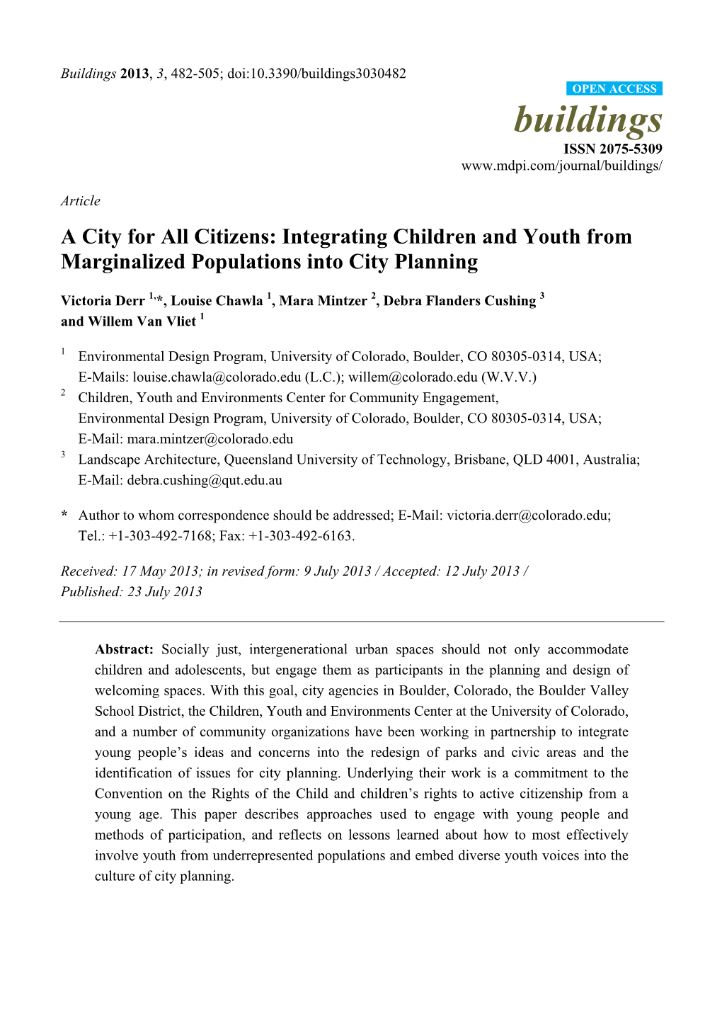 A City for All Citizens: Integrating Children and Youth from Marginalized Populations Into City Planning