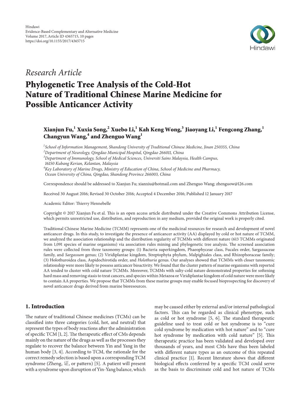 Phylogenetic Tree Analysis of the Cold-Hot Nature of Traditional Chinese Marine Medicine for Possible Anticancer Activity