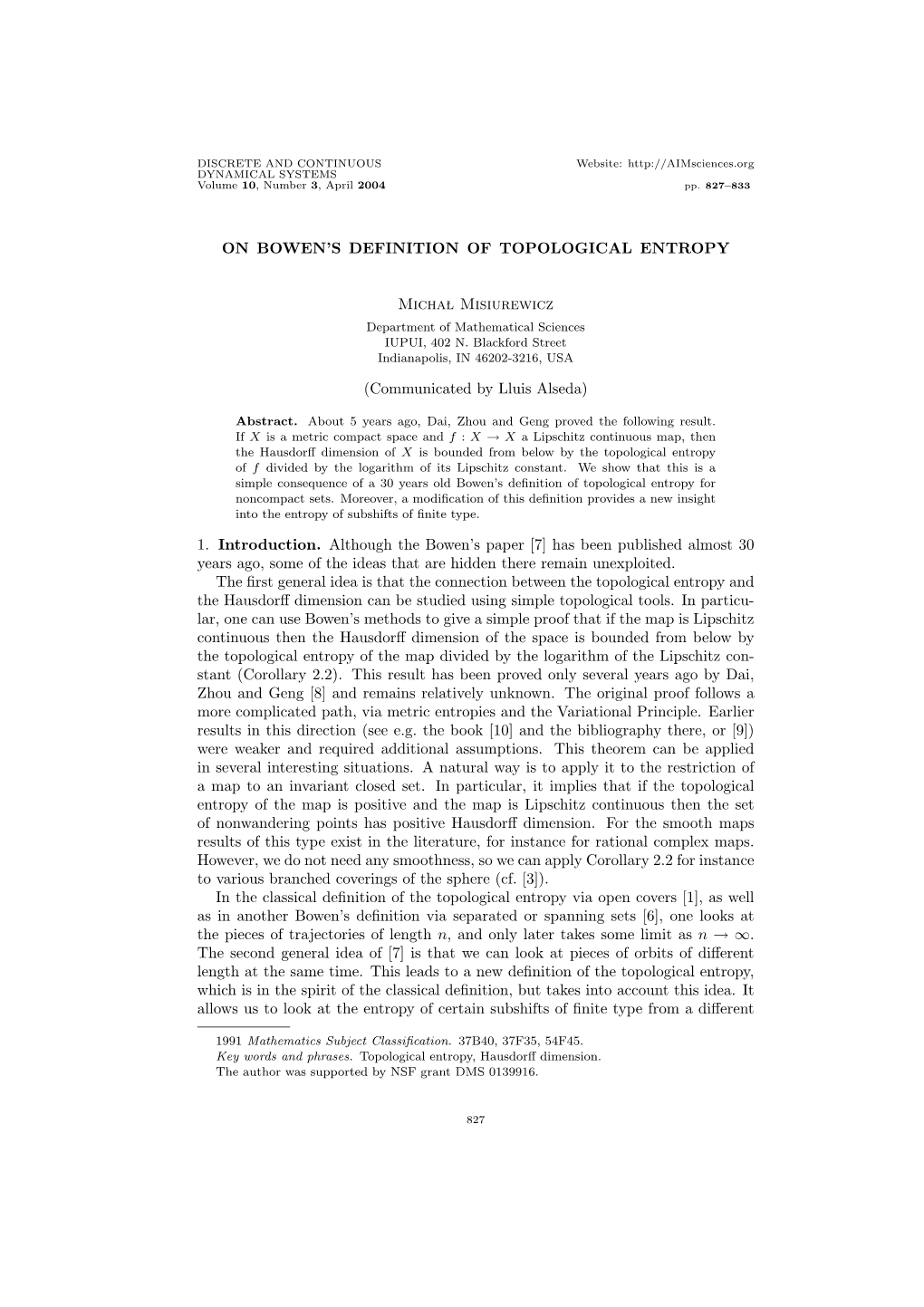 ON BOWEN's DEFINITION of TOPOLOGICAL ENTROPY Micha L