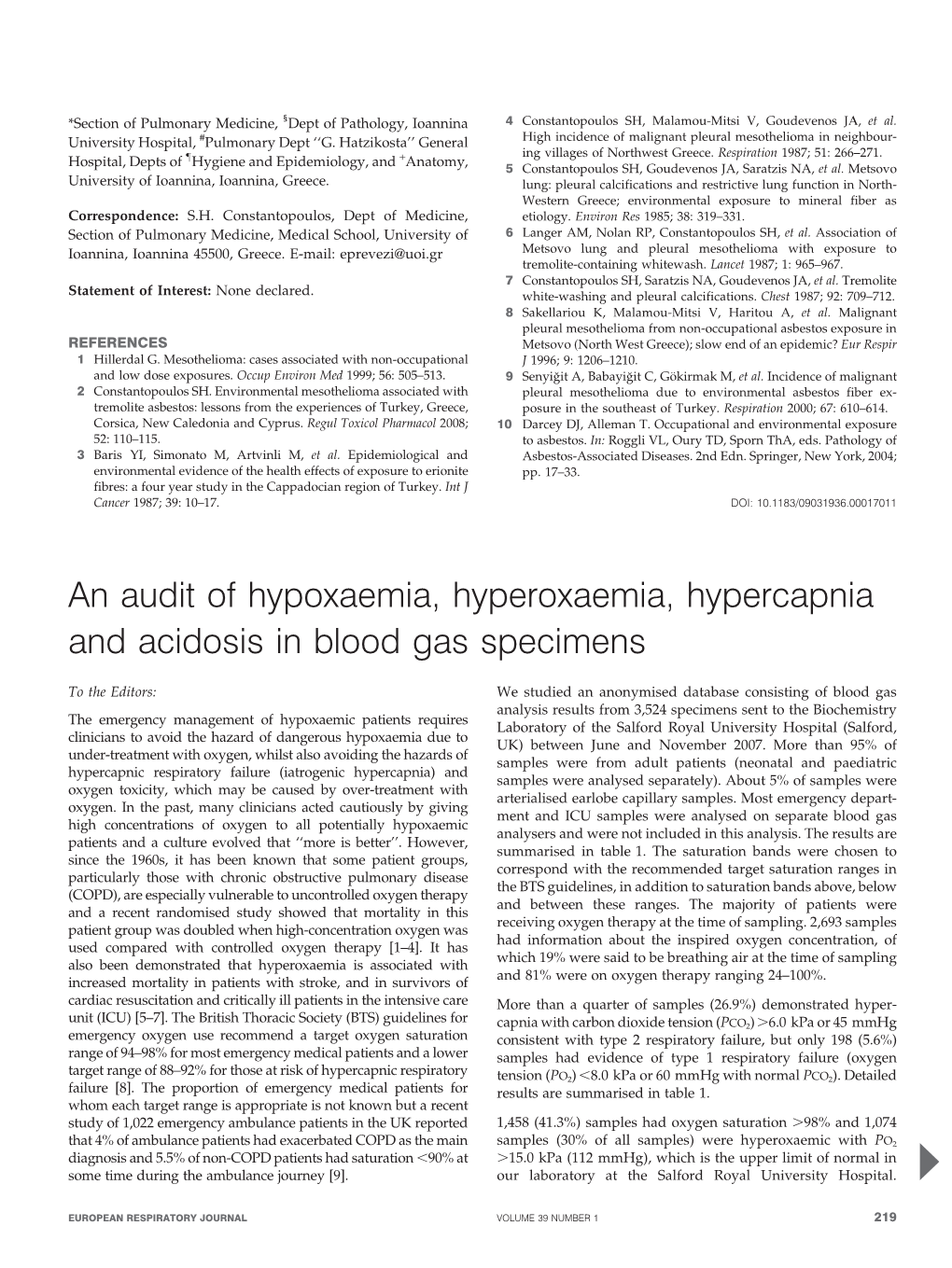 An Audit of Hypoxaemia, Hyperoxaemia, Hypercapnia and Acidosis in Blood Gas Specimens