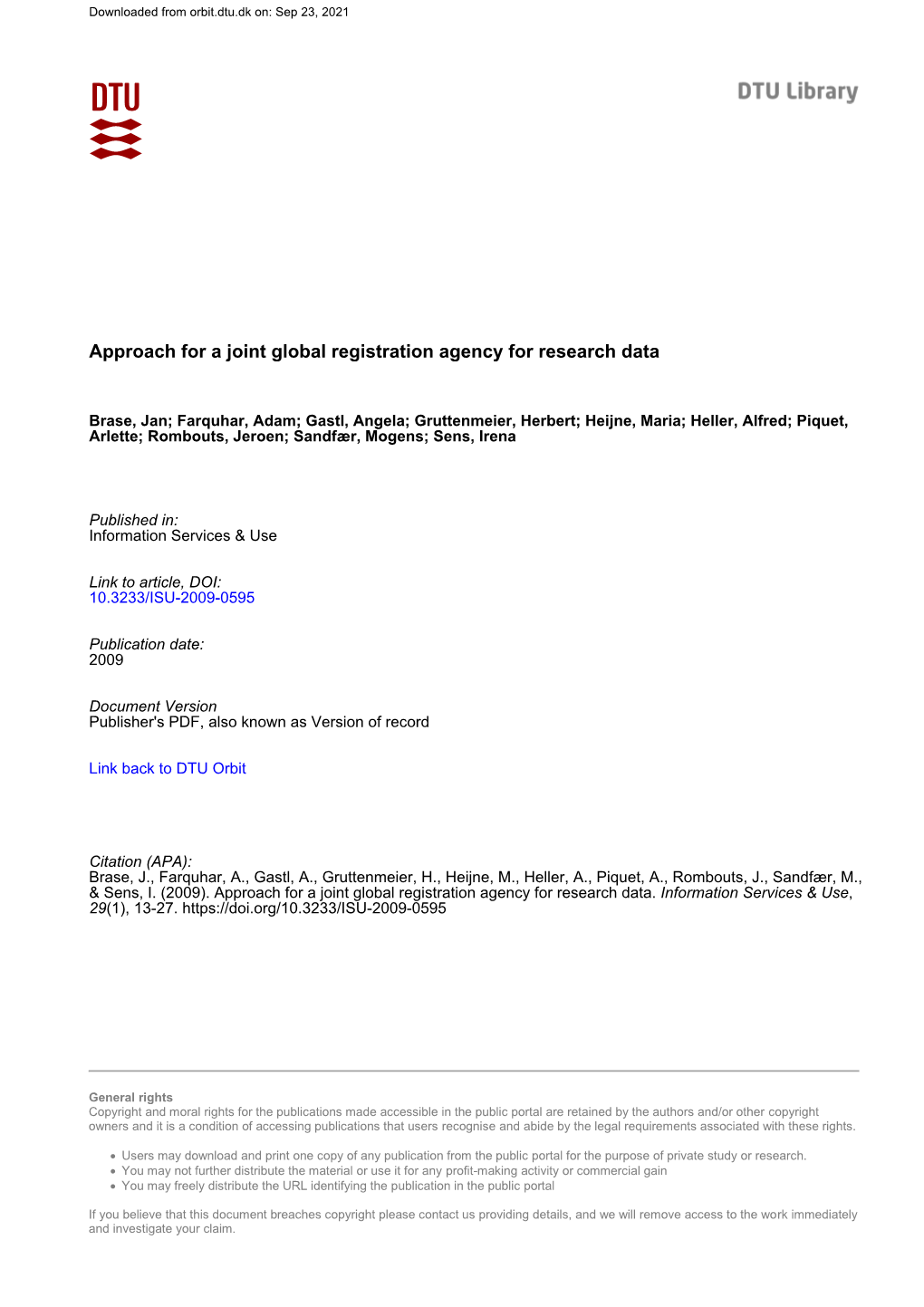 Approach for a Joint Global Registration Agency for Research Data