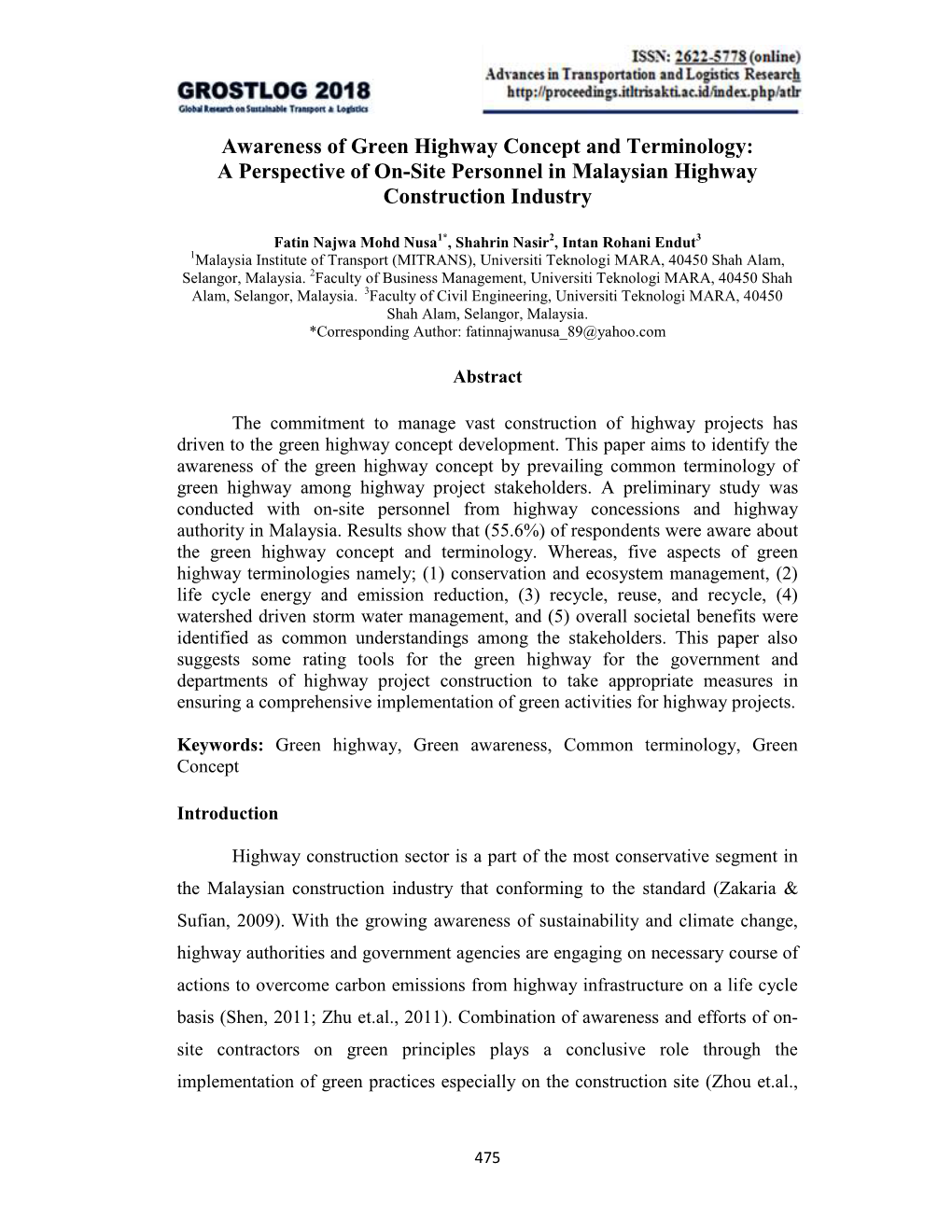 Awareness of Green Highway Concept and Terminology: a Perspective of On-Site Personnel in Malaysian Highway Construction Industry