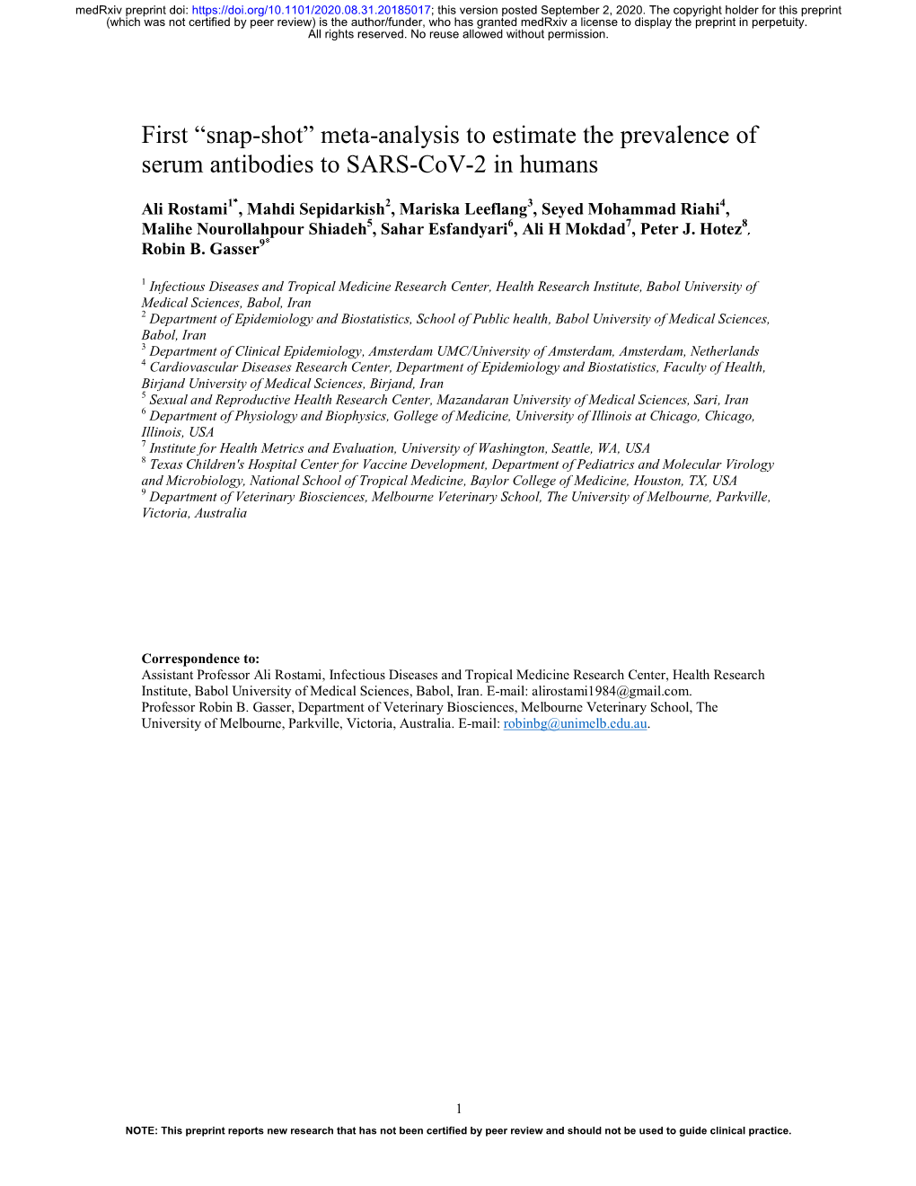 “Snap-Shot” Meta-Analysis to Estimate the Prevalence of Serum Antibodies to SARS-Cov-2 in Humans