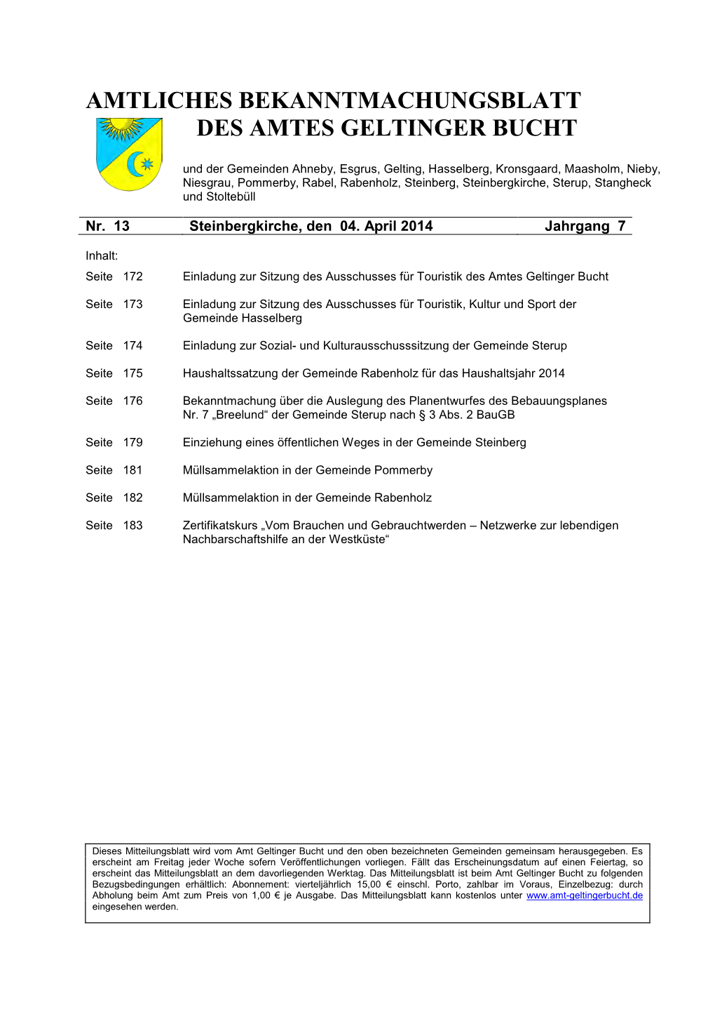 Amtliches Bekanntmachungsblatt Des Amtes Geltinger Bucht Nr. 13/2014