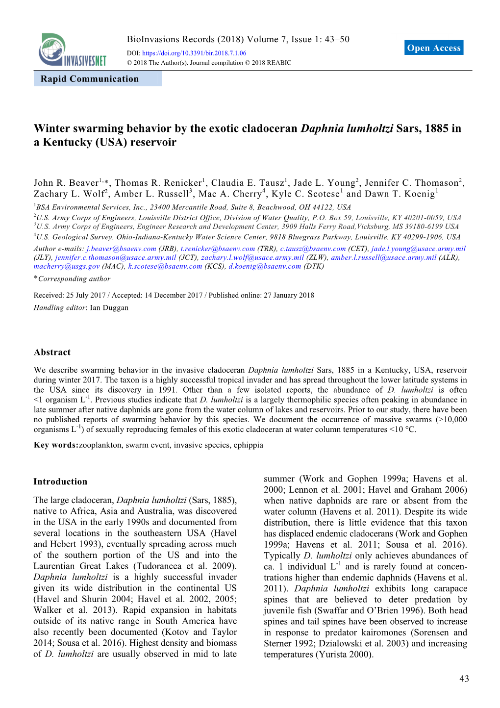 Winter Swarming Behavior by the Exotic Cladoceran Daphnia Lumholtzi Sars, 1885 in a Kentucky (USA) Reservoir