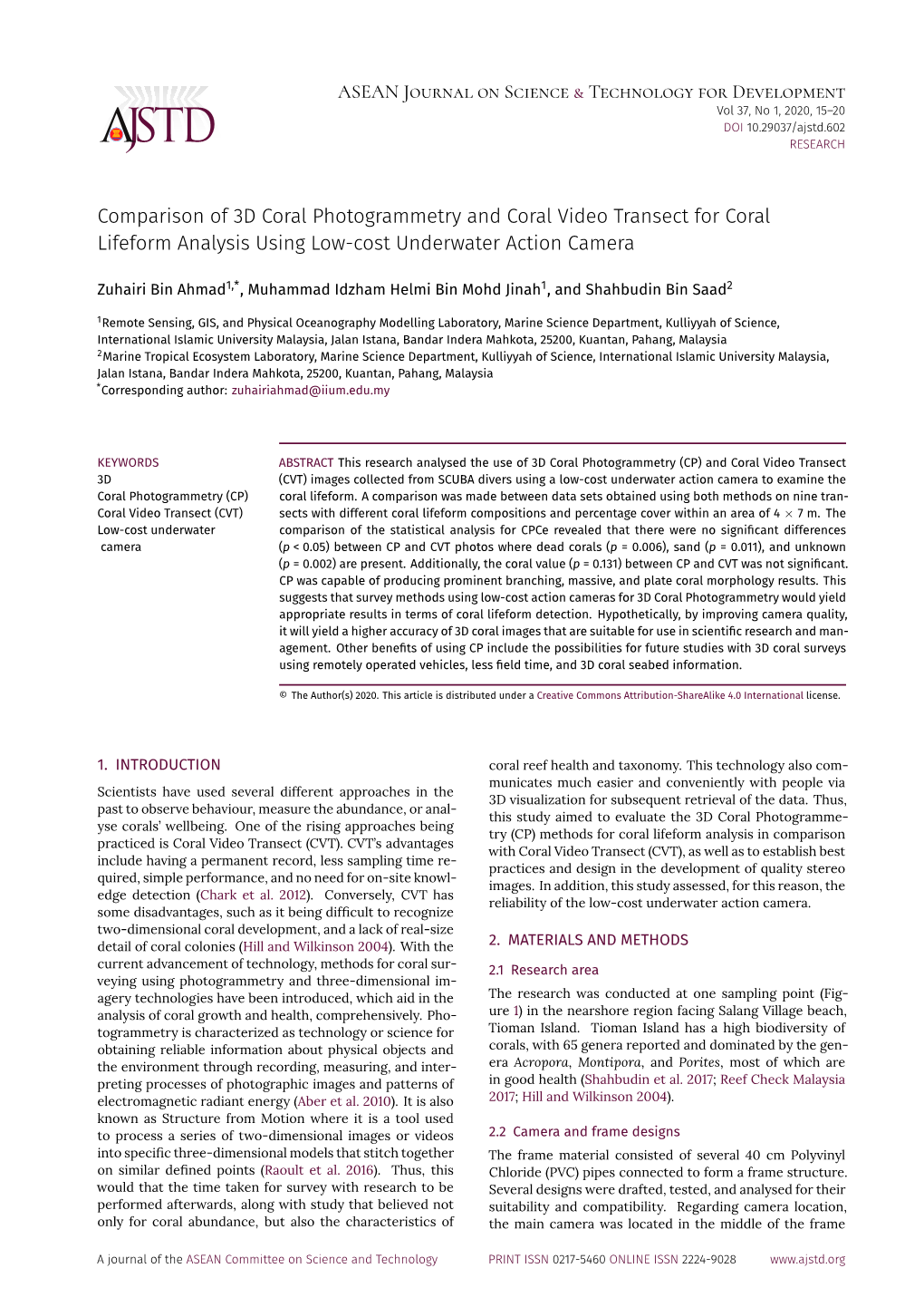 Comparison of 3D Coral Photogrammetry and Coral Video Transect for Coral Lifeform Analysis Using Low-Cost Underwater Action Camera