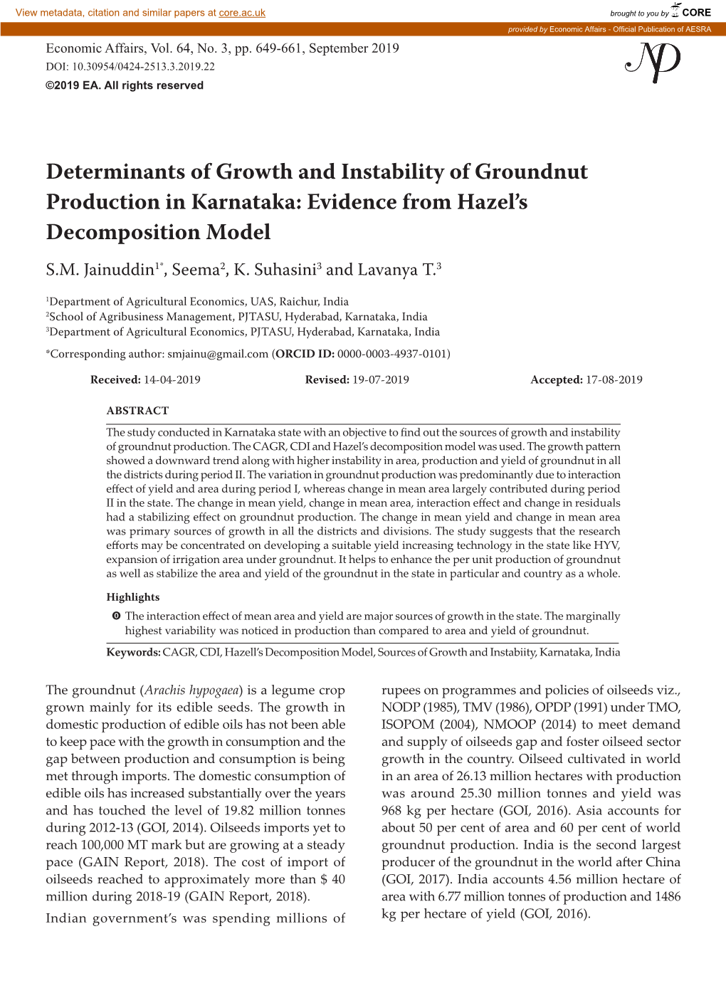 Determinants of Growth and Instability of Groundnut Production in Karnataka: Evidence from Hazel’S Decomposition Model S.M