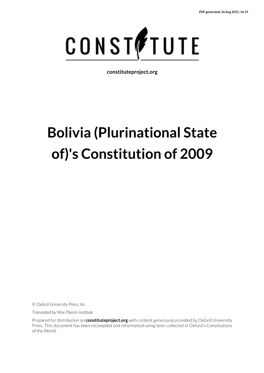 Bolivia (Plurinational State Of)'S Constitution of 2009