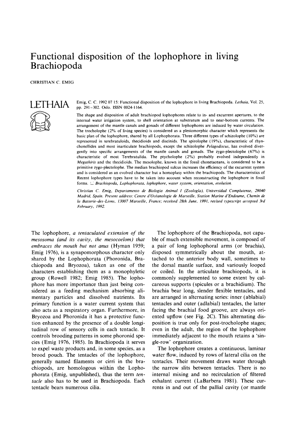 Functional Disposition of the Lophophore in Living Brachiopoda