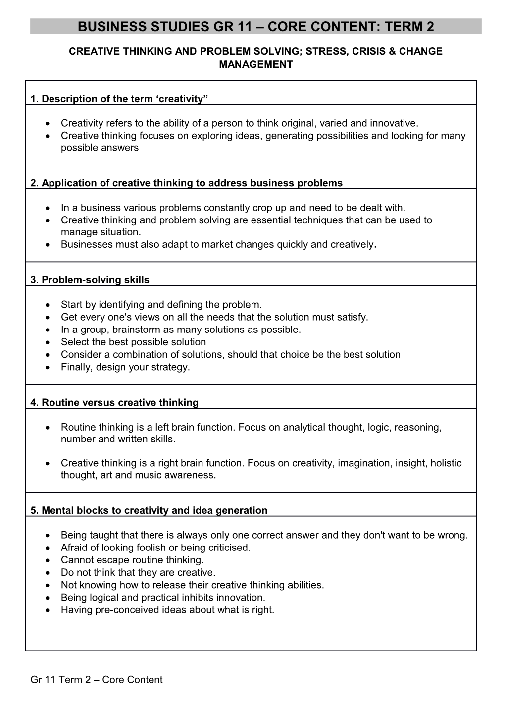 Business Studies Gr 11 Core Content: Term 2