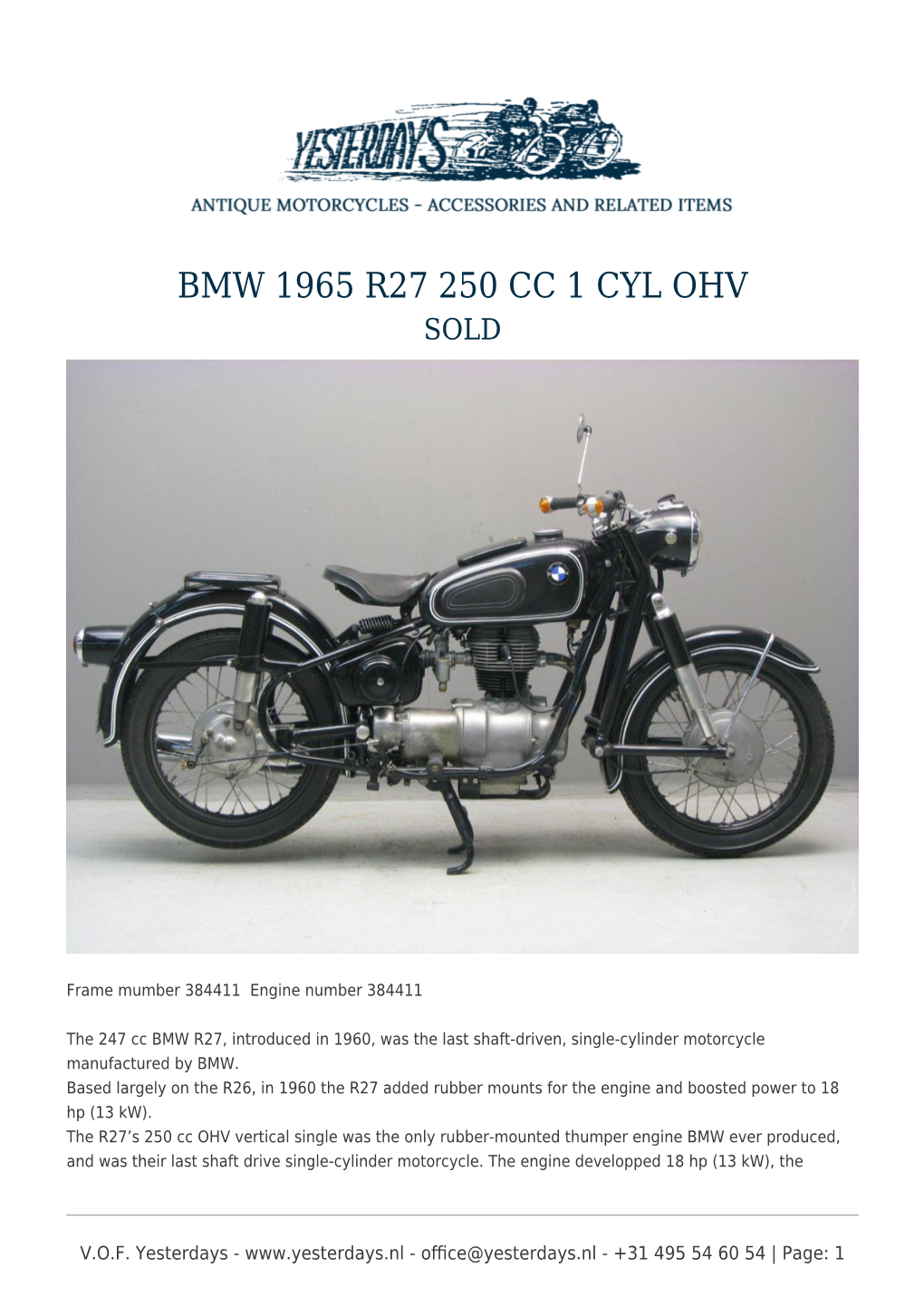 Bmw 1965 R27 250 Cc 1 Cyl Ohv Sold