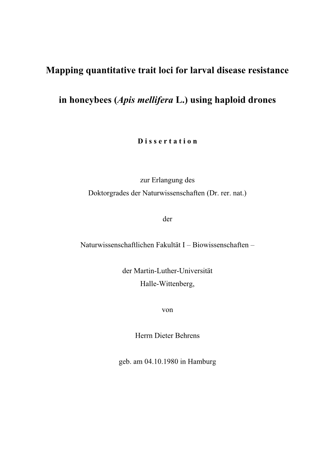 Dissertation Behrens, Nat. Fak. I, Zoologie, AG Molekulare Ökologie