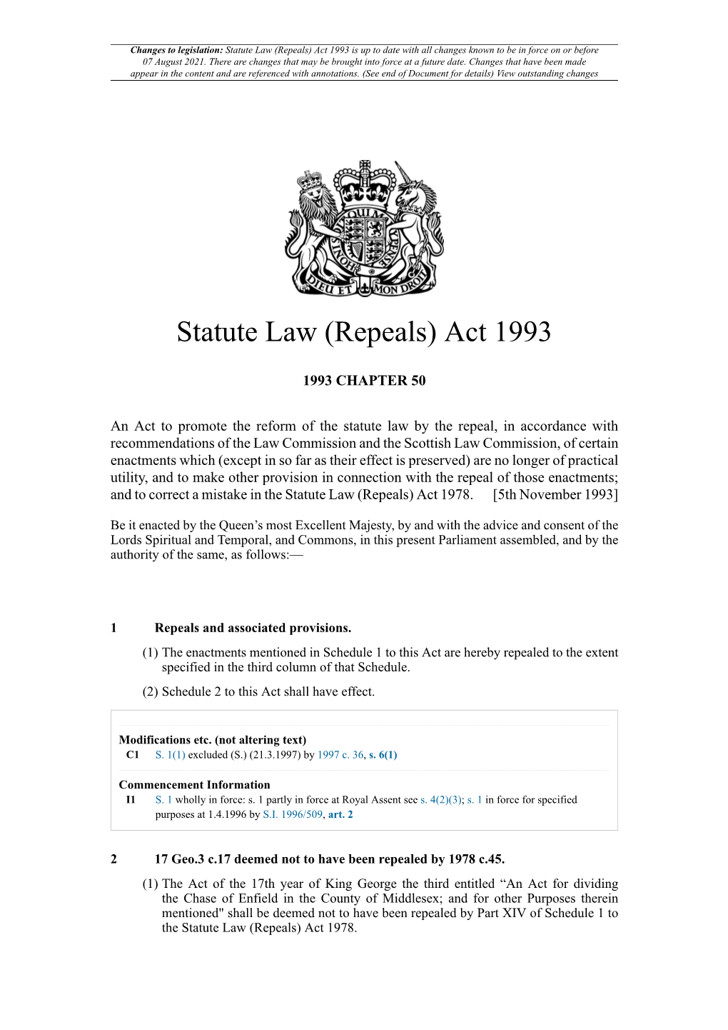 Statute Law (Repeals) Act 1993 Is up to Date with All Changes Known to Be in Force on Or Before 07 August 2021