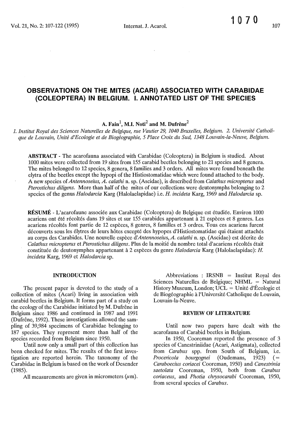 OBSERVATIONS on the MITES (ACARI) ASSOCIATED with CARABIDAE (COLEOPTERA) in BELGIUM. 1. ANNOTATED LIST of the SPECIES