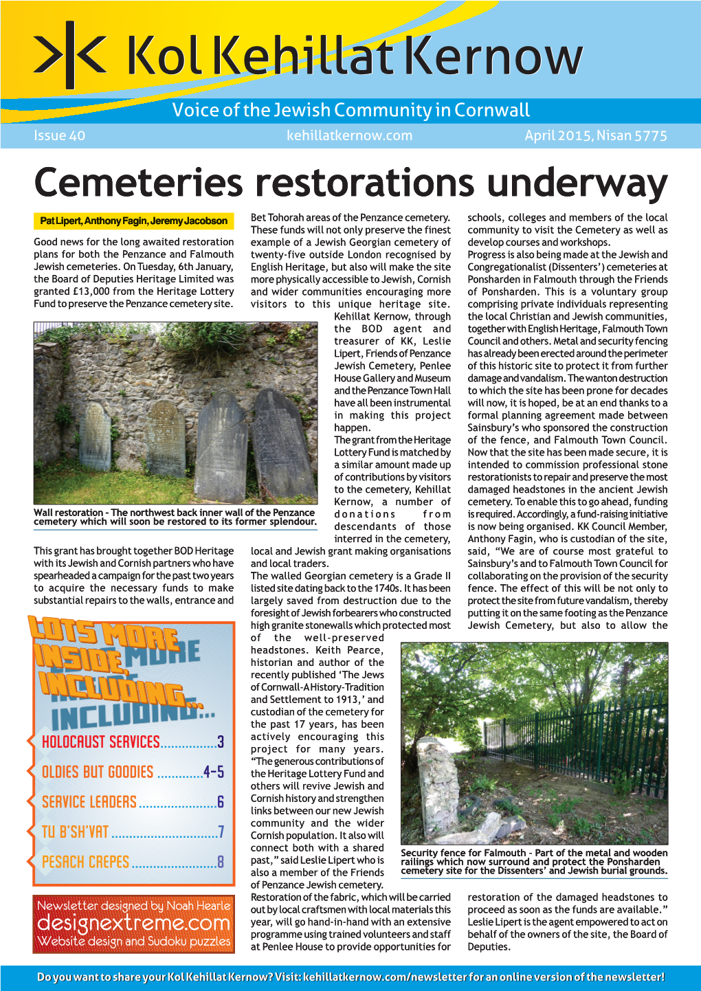 40 Kehillatkernow.Com April 2015, Nisan 5775 Cemeteries Restorations Underway