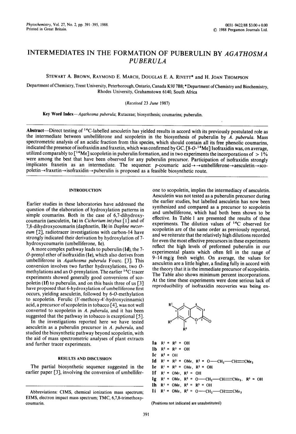 Intermediates in the Formation of Puberulin by Agathosma P Uber Ula