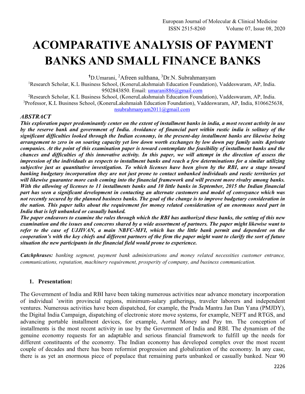 Acomparative Analysis of Payment Banks and Small Finance Banks