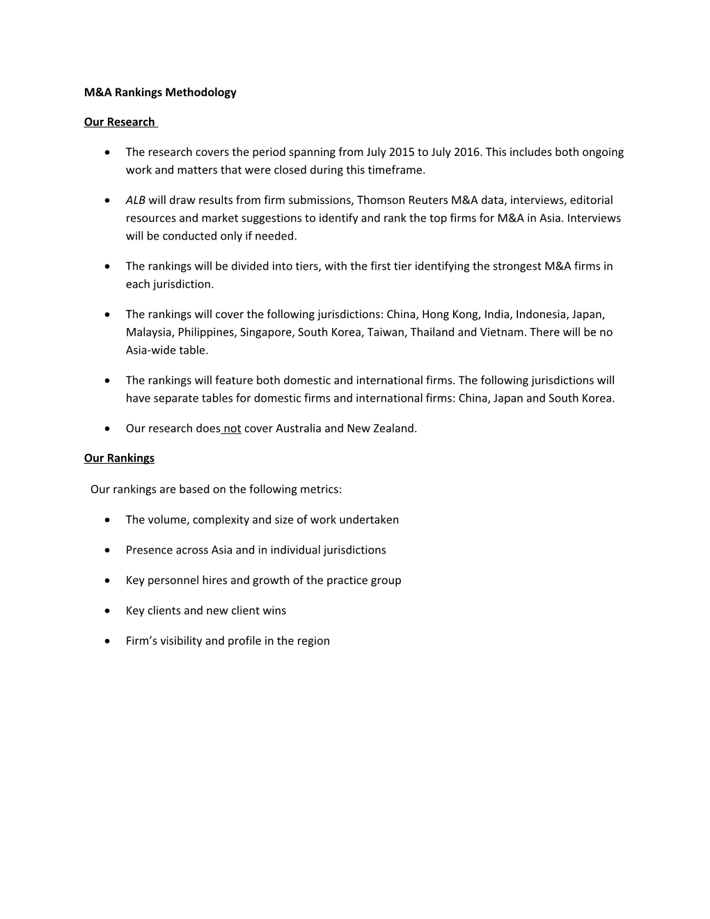 M&A Rankings Methodology