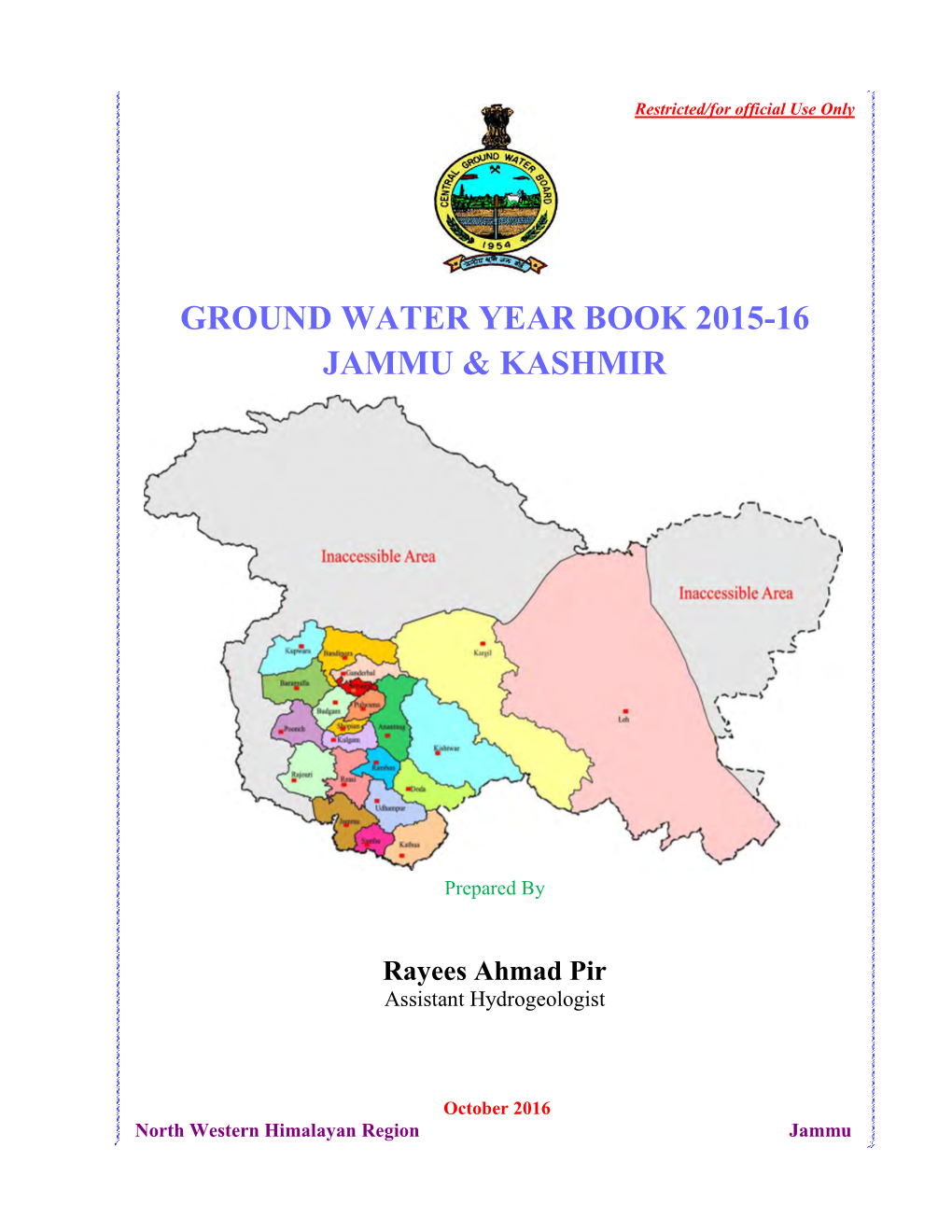 Ground Water Year Book 2015-16 Jammu & Kashmir