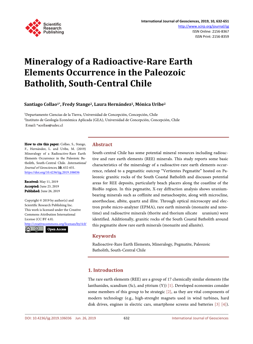 Mineralogy of a Radioactive-Rare Earth Elements Occurrence in the Paleozoic Batholith, South-Central Chile