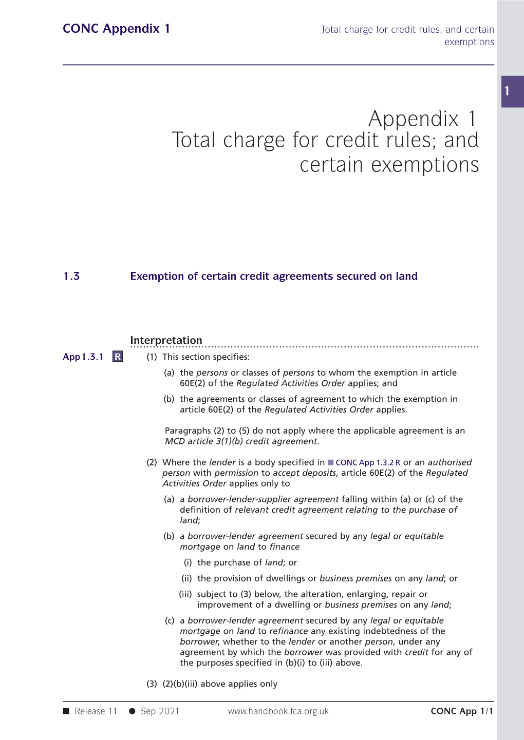 Appendix 1 Total Charge for Credit Rules; and Certain Exemptions