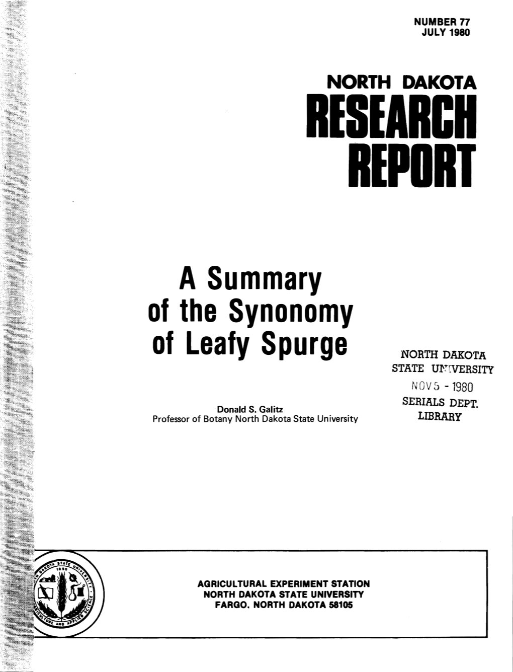 A Summary of the Synonomy of Leafy Spurge NORTH DAKOTA