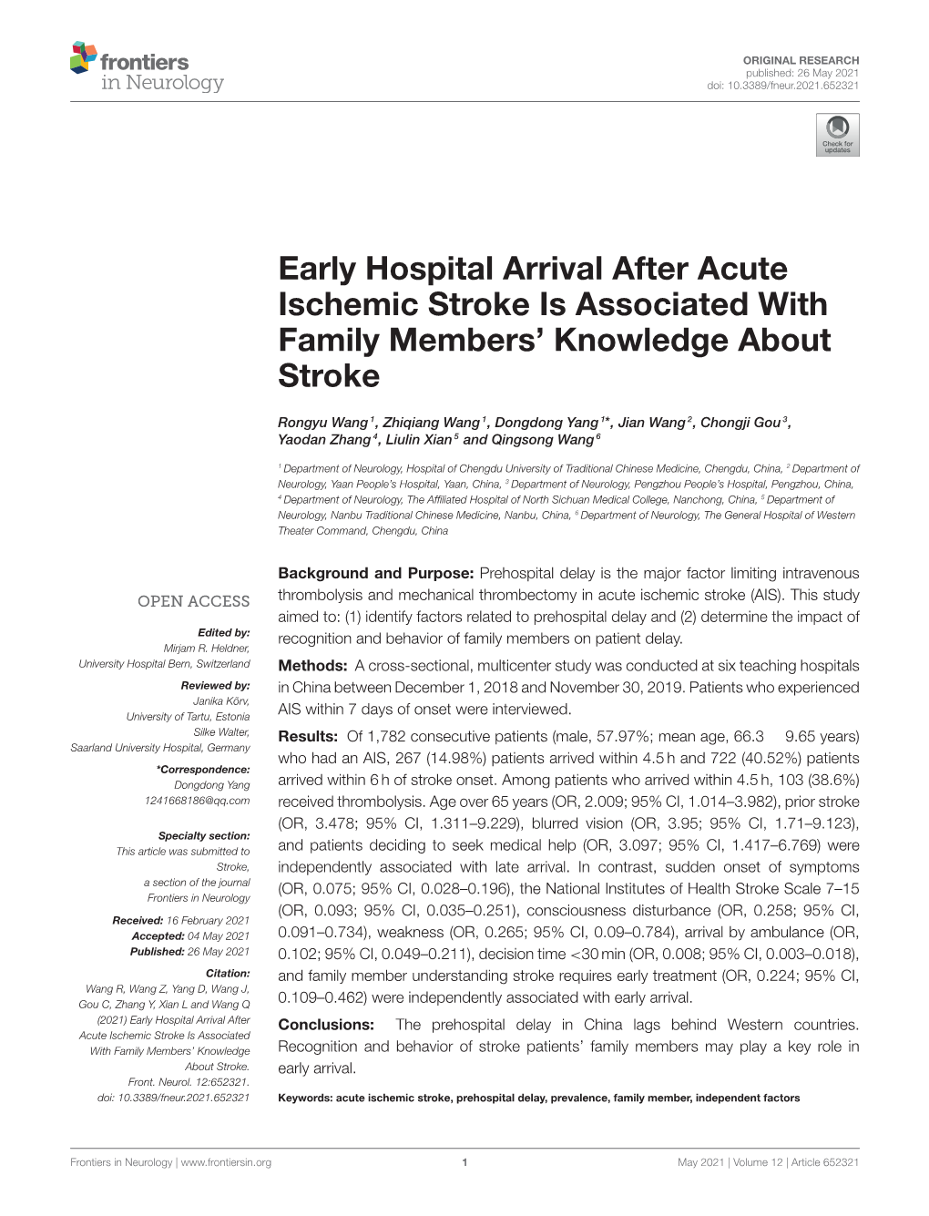 Early Hospital Arrival After Acute Ischemic Stroke Is Associated with Family Members’ Knowledge About Stroke