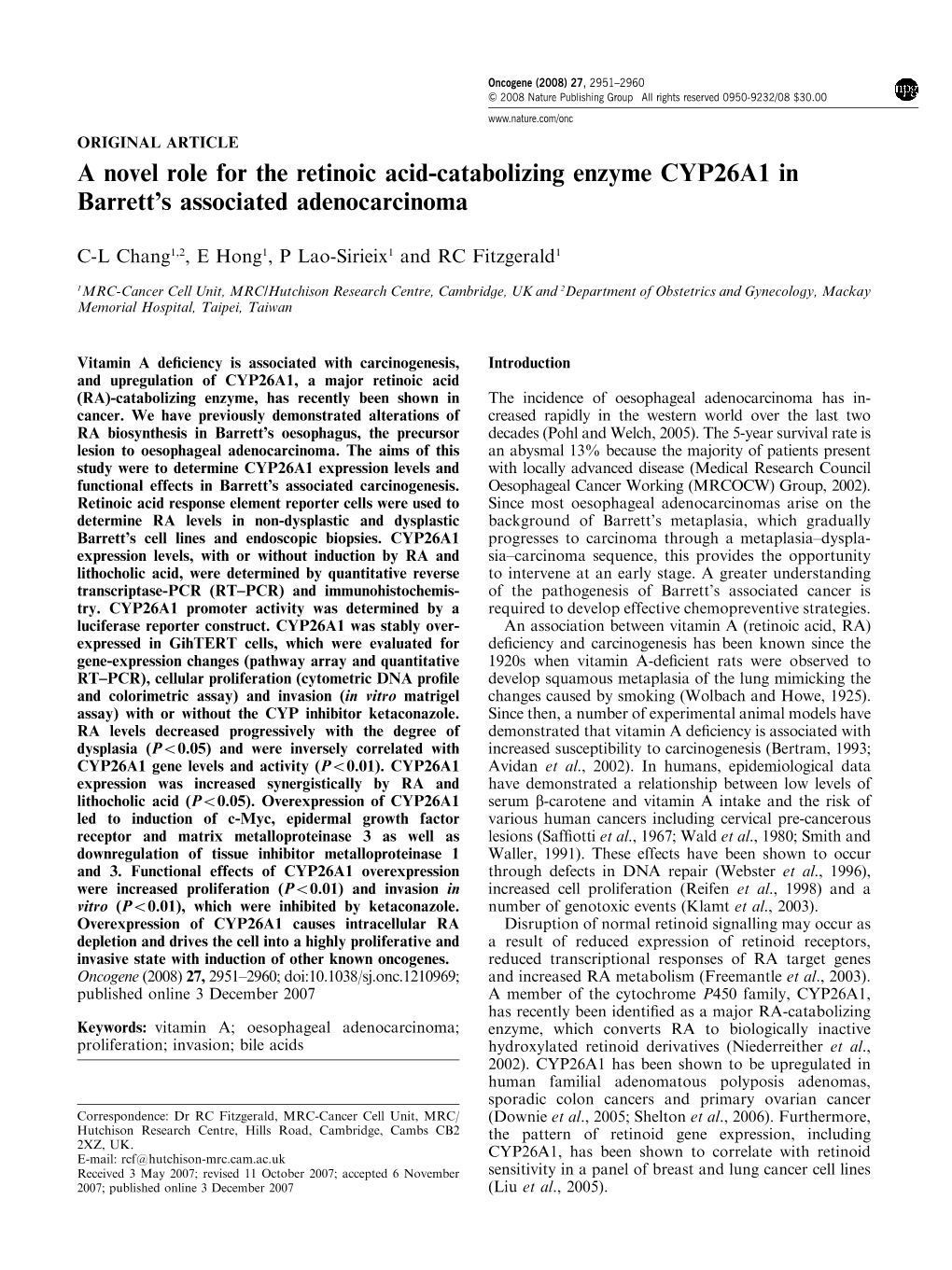 A Novel Role for the Retinoic Acid-Catabolizing Enzyme CYP26A1 in Barrett’S Associated Adenocarcinoma