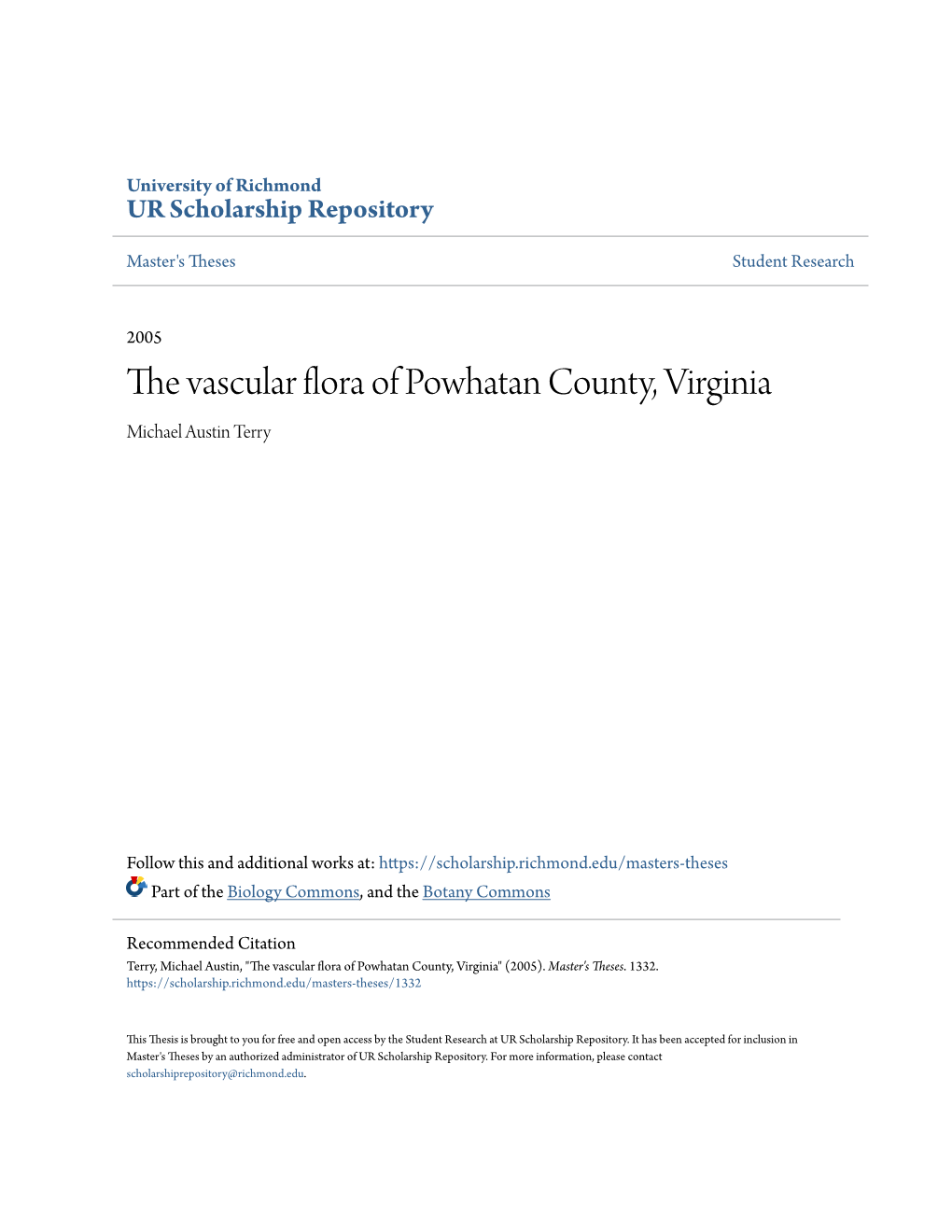 The Vascular Flora of Powhatan County, Virginia Michael Austin Terry