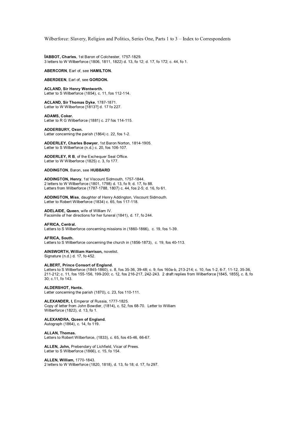 Wilberforce: Slavery, Religion and Politics, Series One, Parts 1 to 3 – Index to Correspondents