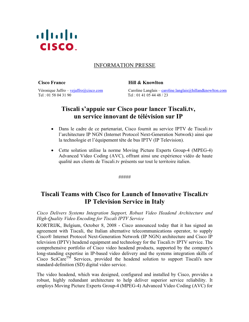 Tiscali Teams with Cisco for Launch of Innovative Tiscali.Tv IP Television Service in Italy