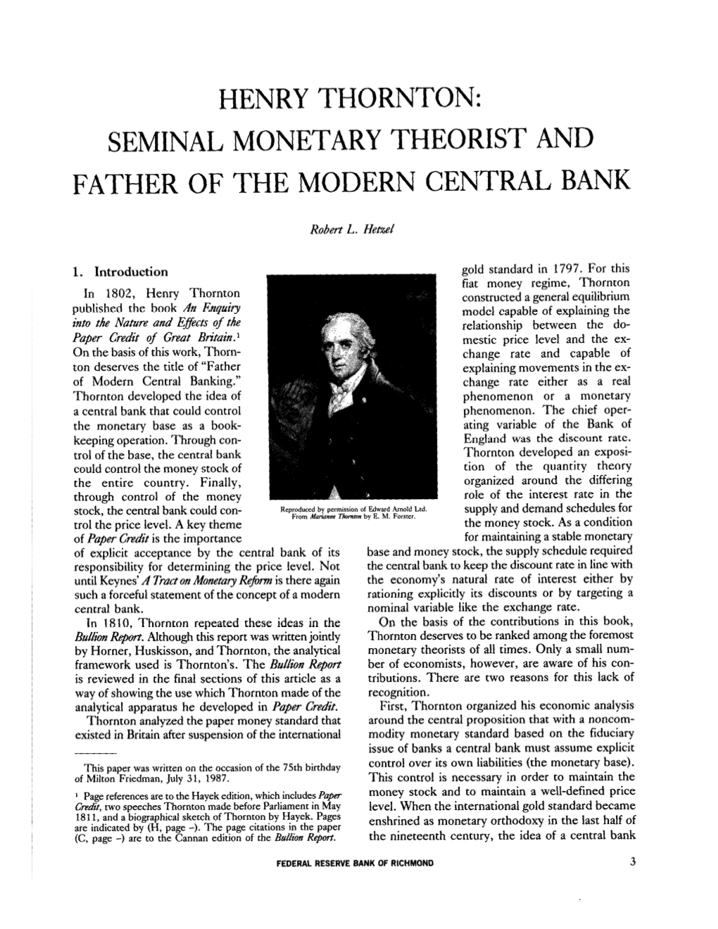 Henry Thornton: Seminal Monetary Theorist and Father of the Modern Central Bank