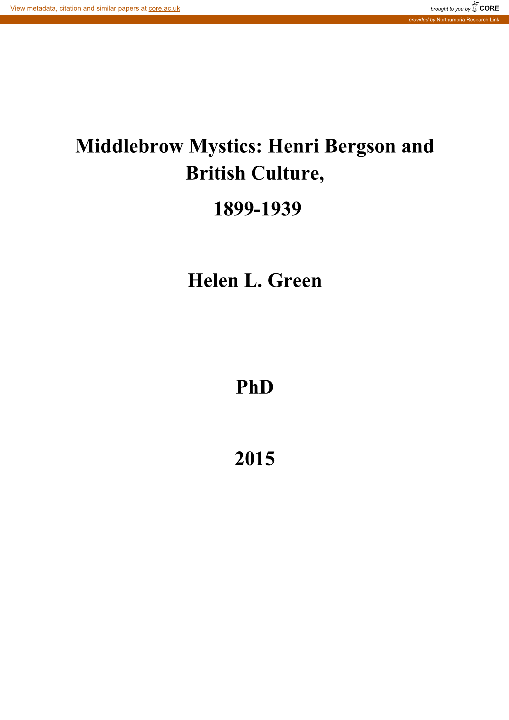 Middlebrow Mystics: Henri Bergson and British Culture, 1899-1939