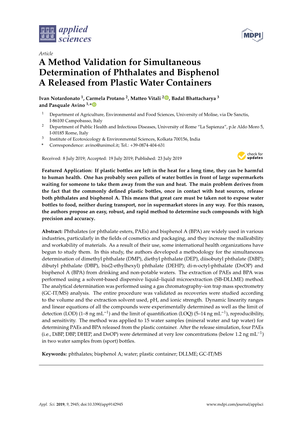 A Method Validation for Simultaneous Determination of Phthalates and Bisphenol a Released from Plastic Water Containers