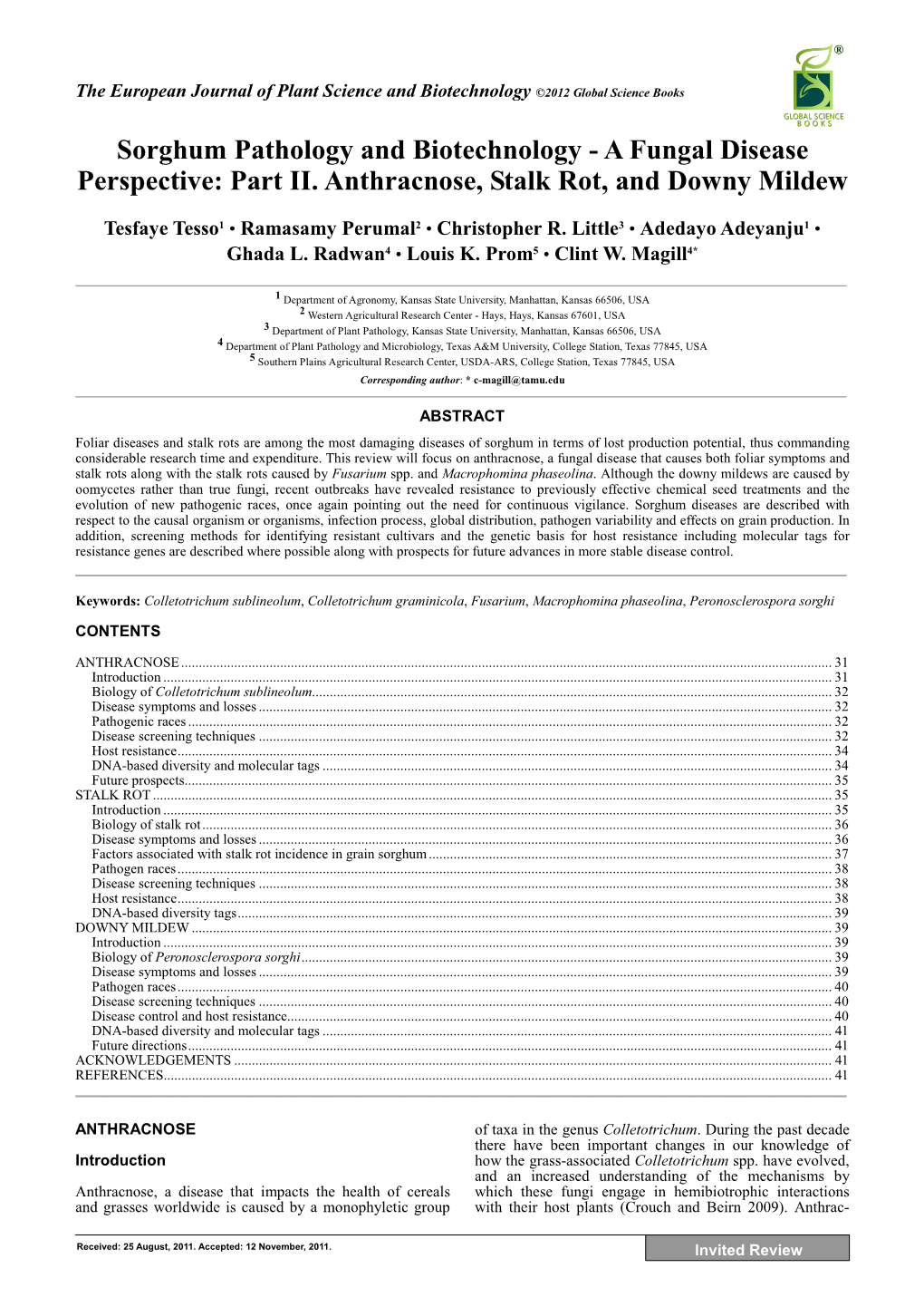 Sorghum Pathology and Biotechnology - a Fungal Disease Perspective: Part II