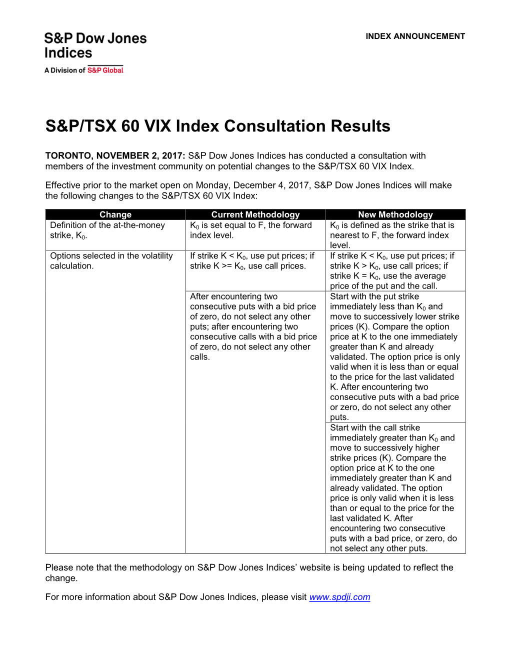 S&P/TSX 60 VIX Index Consultation Results