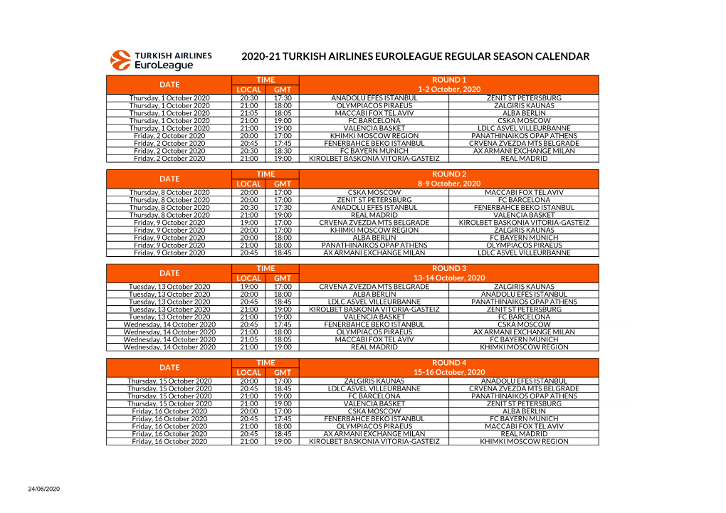 2020-21 Turkish Airlines Euroleague Regular Season Calendar