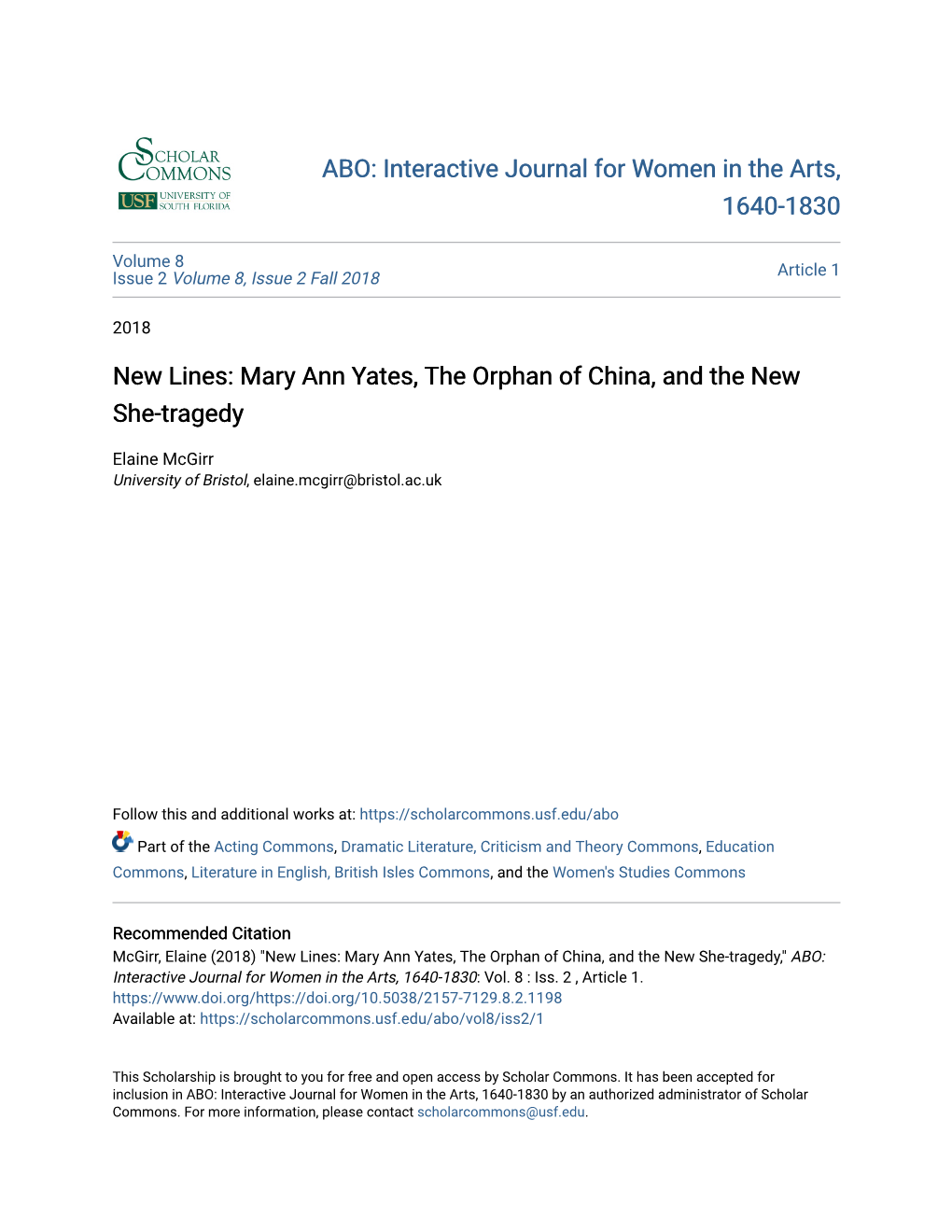 New Lines: Mary Ann Yates, the Orphan of China, and the New She-Tragedy