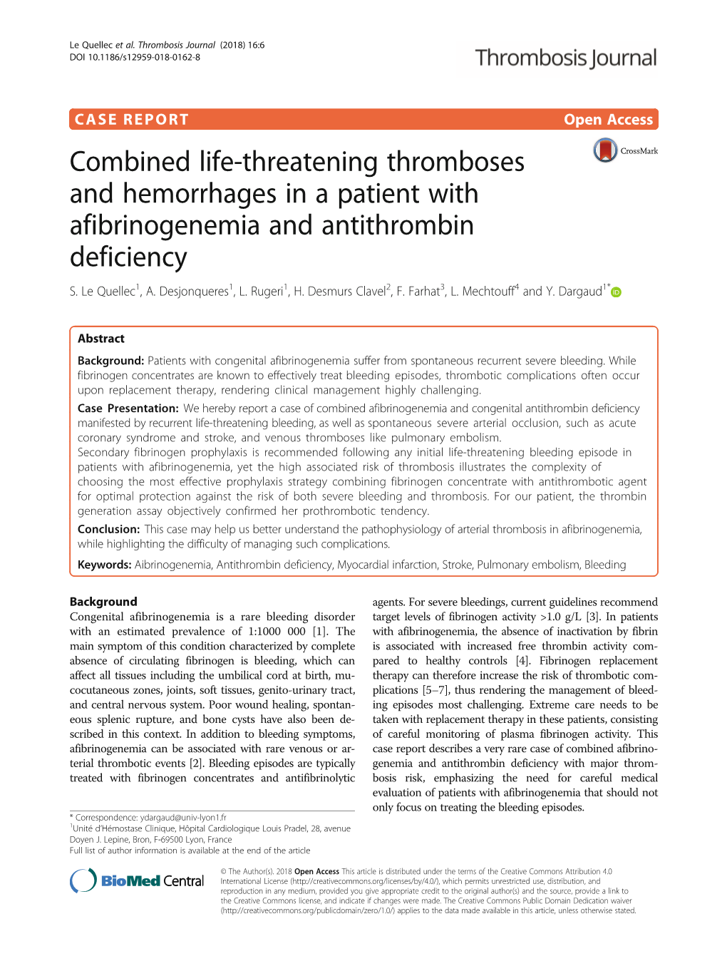 Combined Life-Threatening Thromboses and Hemorrhages in a Patient with Afibrinogenemia and Antithrombin Deficiency S