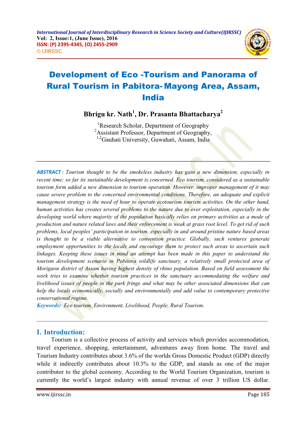 Development of Eco -Tourism and Panorama of Rural Tourism in Pabitora- Mayong Area, Assam, India