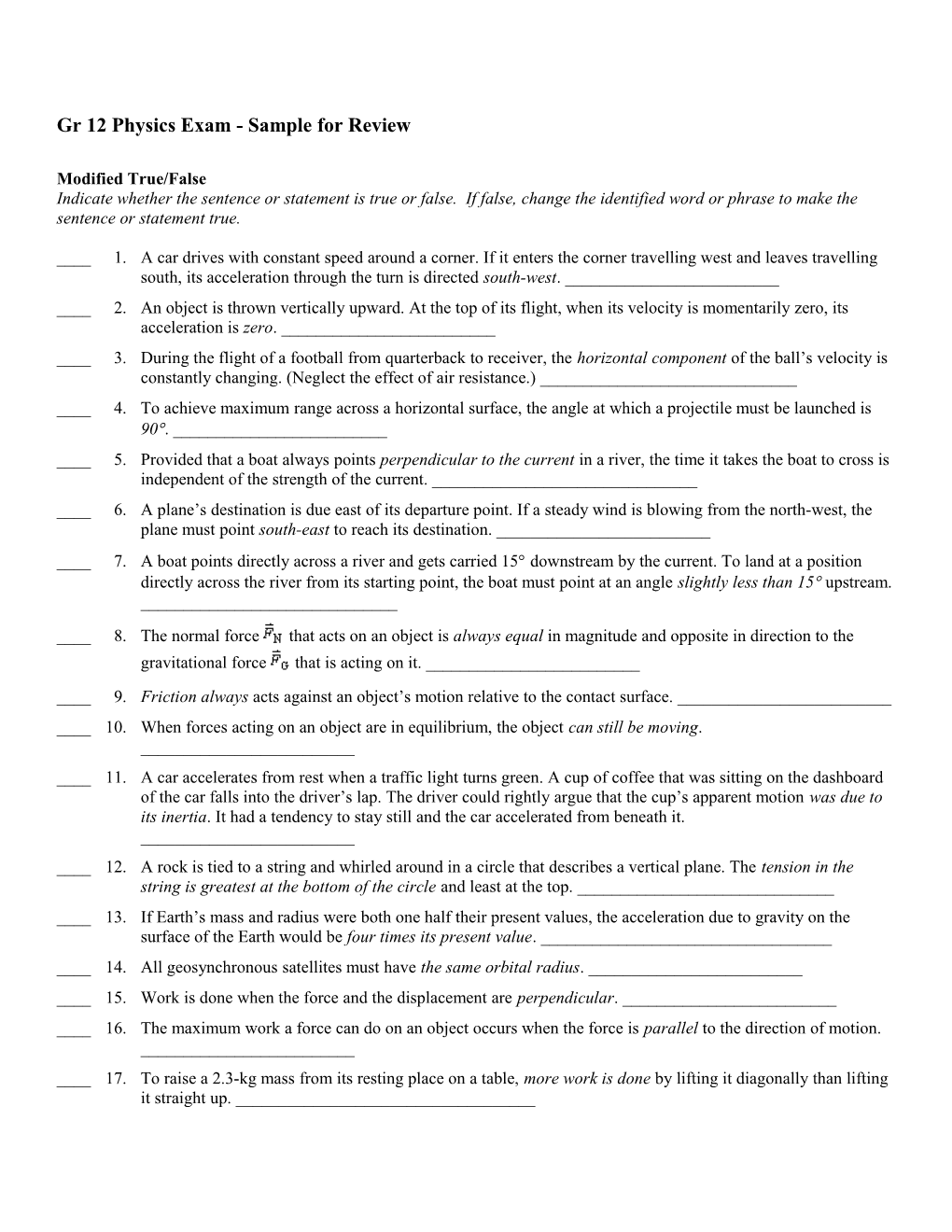 Gr 12 Physics Exam - Sample for Review