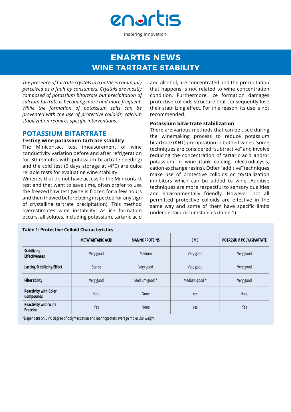 Enartis News Wine Tartrate Stability