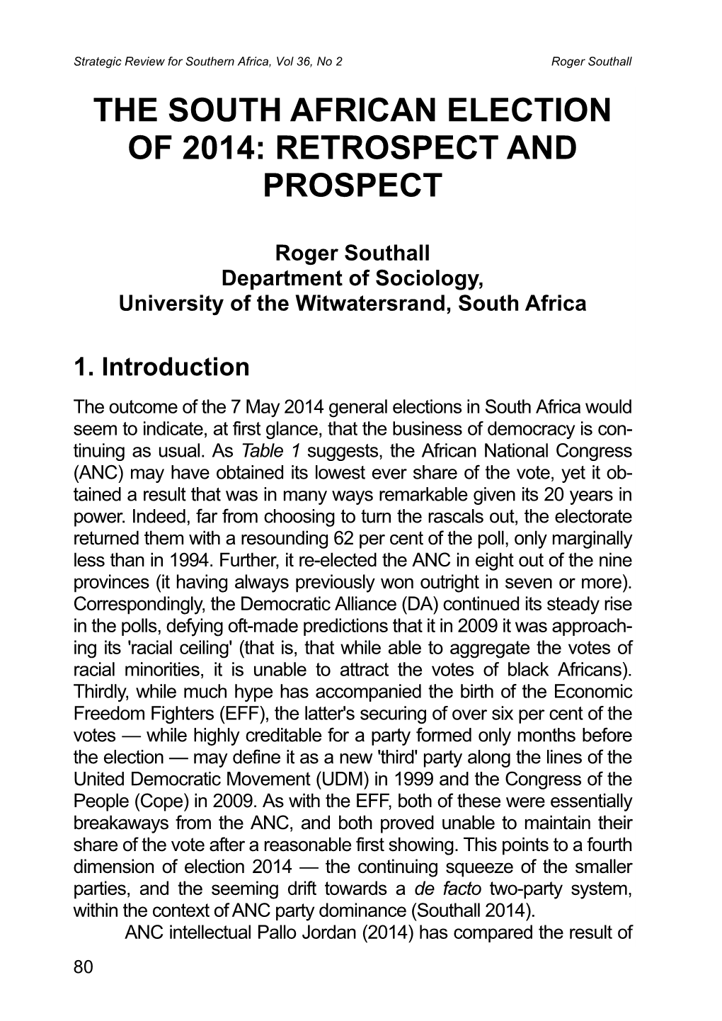 Strategic Review for Southern Africa, Vol 36, No 2 Roger Southall