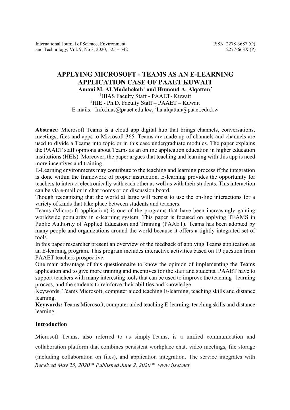 APPLYING MICROSOFT - TEAMS AS an E-LEARNING APPLICATION CASE of PAAET KUWAIT Amani M