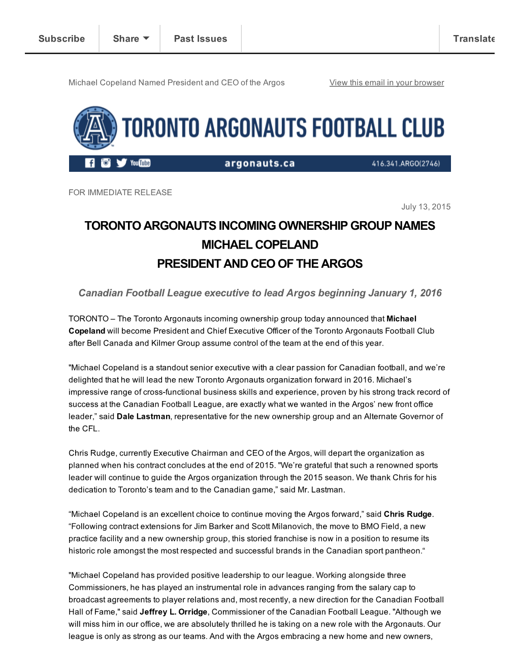 Toronto Argonauts Incoming Ownership Group Names Michael Copeland President and Ceo of the Argos