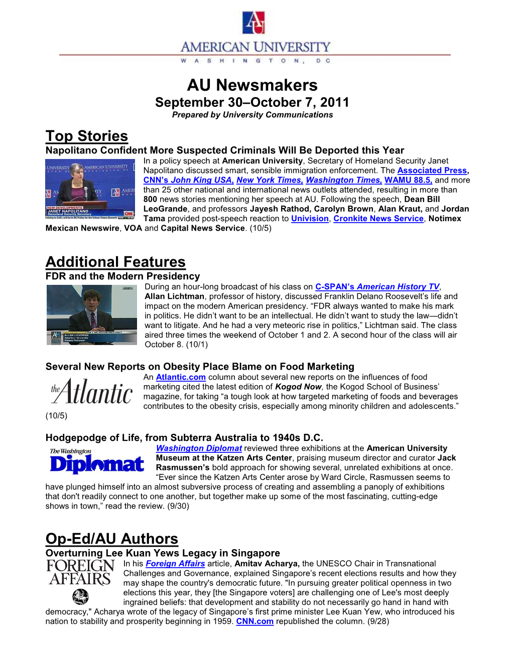 AU Newsmakers September 30–October 7, 2011 Prepared by University Communications
